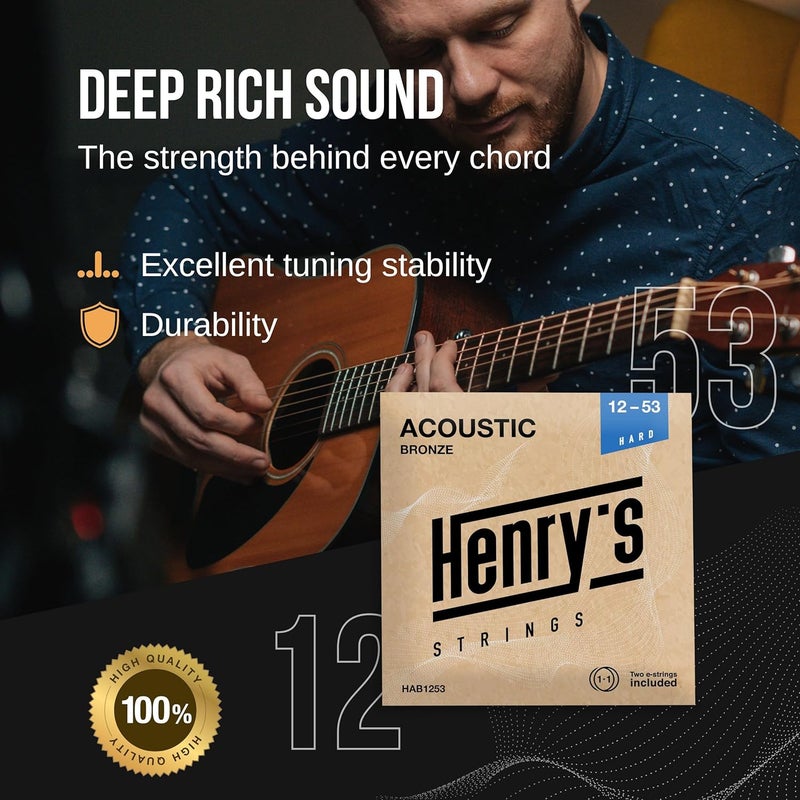 Henry's Strings 4+1 Acoustic Guitar Strings PowerTone - Deep & Rich Sound - String Winder & 3x Picks & Extra 5xE1 Strings - Acoustic Guitar 6 Strings Set 12-53 - Image 3